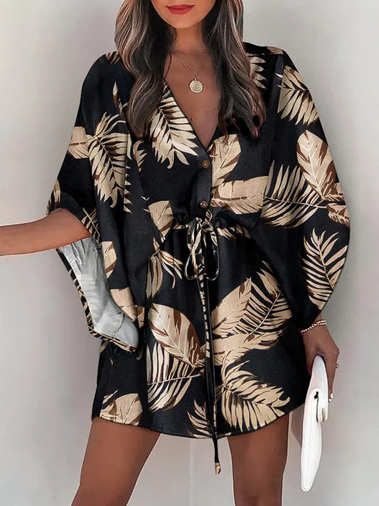 xakxx Original Loose Leaf Printed Contrast Color Tied Buttoned Mini Shirt Dress