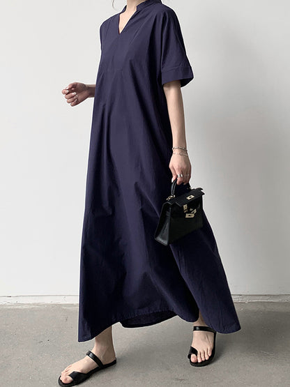 xakxx Loose Short Sleeves Solid Color V-Neck Maxi Dresses