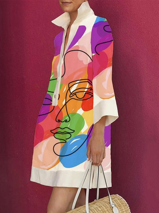 xakxx Loose Three-Quarter Sleeves Buttoned Contrast Color Figure Printed Lapel Collar Mini Dresses