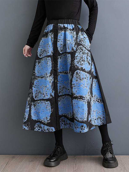 xakxx A-Line Loose Contrast Color Elasticity Printed Split-Joint Skirts