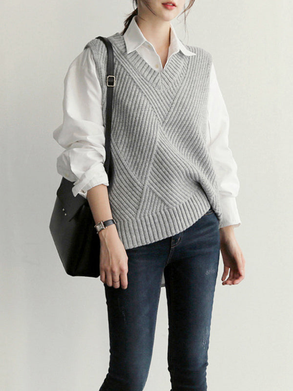 xakxx Casual Sleeveless Loose Solid Color V-Neck Vest Outerwear
