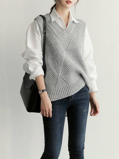 xakxx Casual Sleeveless Loose Solid Color V-Neck Vest Outerwear