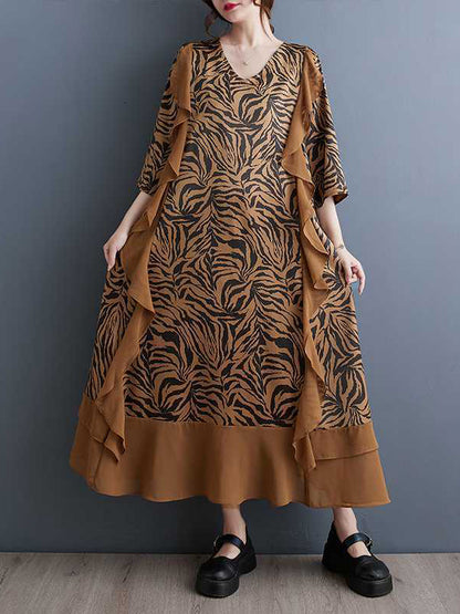 xakxx A-Line Batwing Sleeves Ruffled Split-Joint Zebra-Stripe V-Neck Midi Dresses