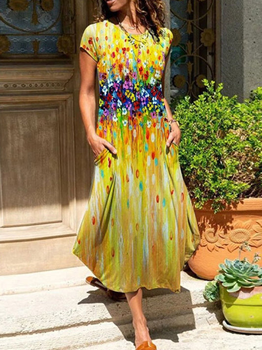 xakxx A-Line Loose Flower Print Round-Neck Midi Dresses