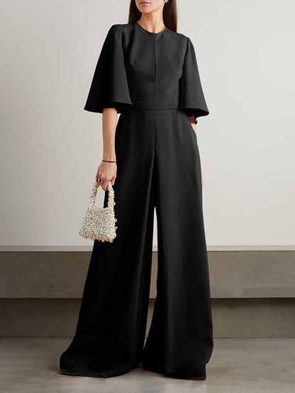 xakxx Loose Short Sleeves Solid Color Round-Neck Jumpsuits