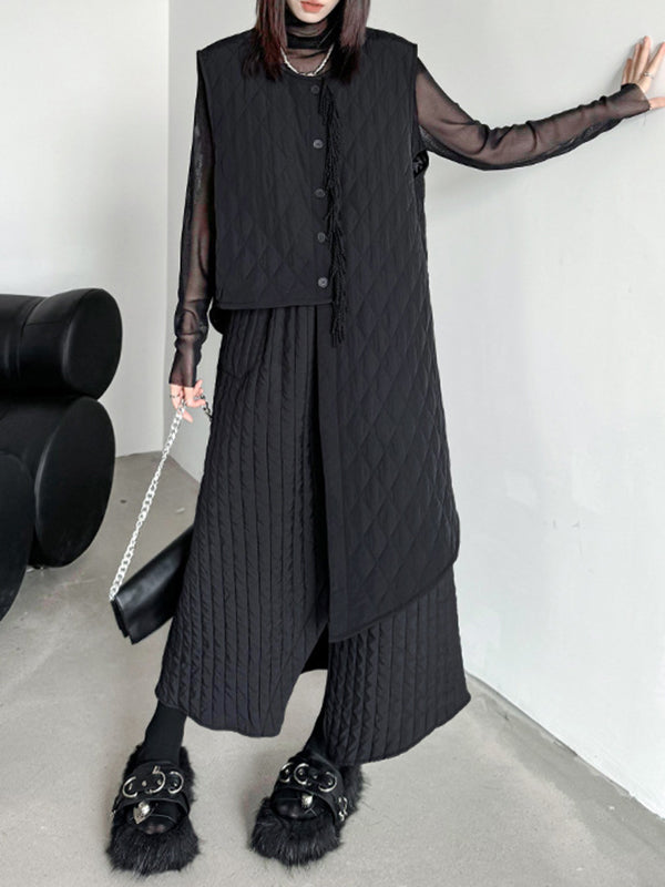 xakxx Loose Sleeveless Asymmetric Buttoned Quilted Solid Color Tasseled U-neck Padded Vest