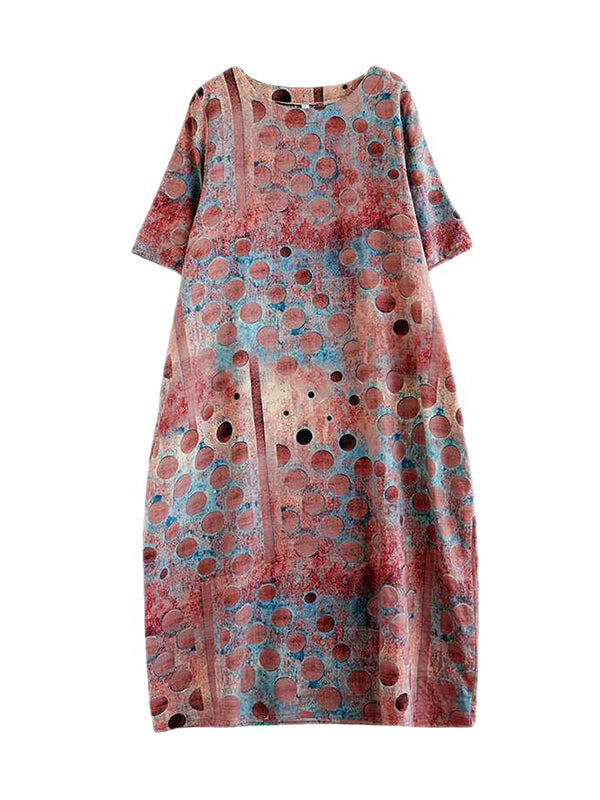 xakxx Half Sleeves Loose Contrast Color Polka-Dot Printed Round-Neck Midi Dresses