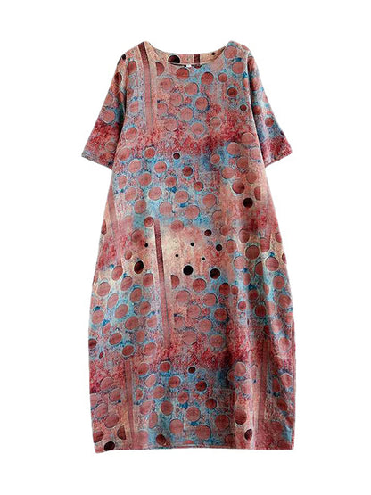 xakxx Half Sleeves Loose Contrast Color Polka-Dot Printed Round-Neck Midi Dresses