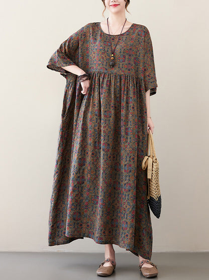 xakxx Vacation Loose Half Sleeves Floral Printed Pleated Round-Neck Midi Dresses