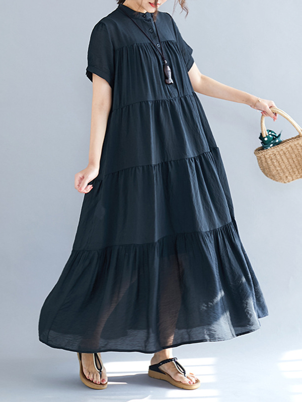 xakxx Vintage Loose Split-Joint Pleated Short Sleeves Round-Neck Midi Dress