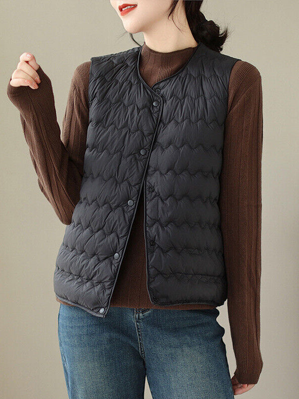 xakxx Loose Sleeveless Buttoned Quilted Solid Color Round-Neck Padded Vest