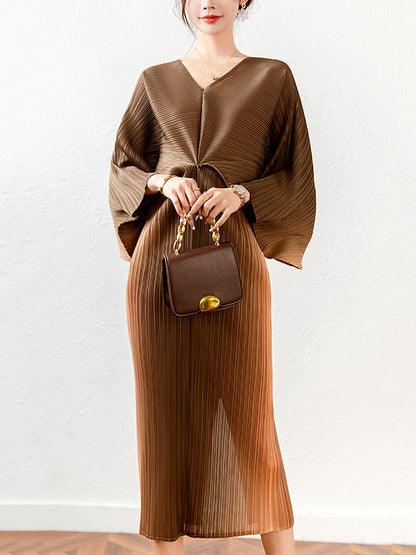 xakxx Fashion Loose Batwing Sleeves Gradient Pleated Midi Dress