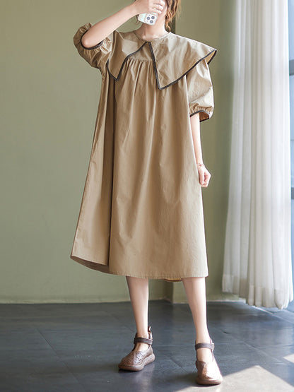 xakxx Loose Short Sleeves Pleated Split-Joint Peter Pan Collar Midi Dresses