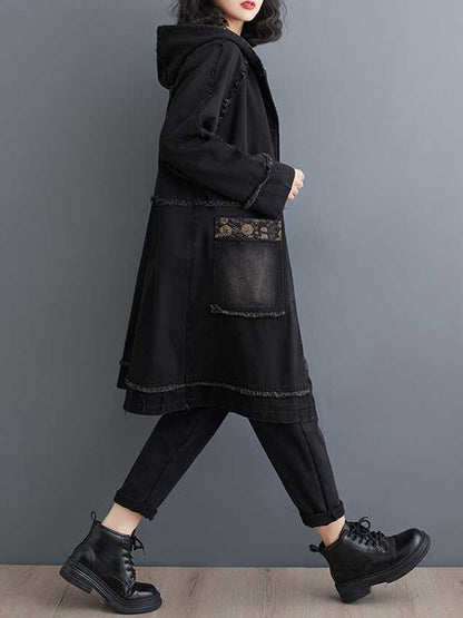 xakxx Loose Raglan Sleeve Floral Printed Fringed Split-Joint Hooded Outerwear Trench Coats