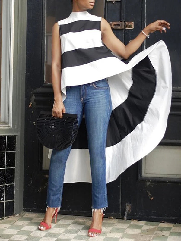 xakxx High-Low Loose Striped High-Neck Vest Top