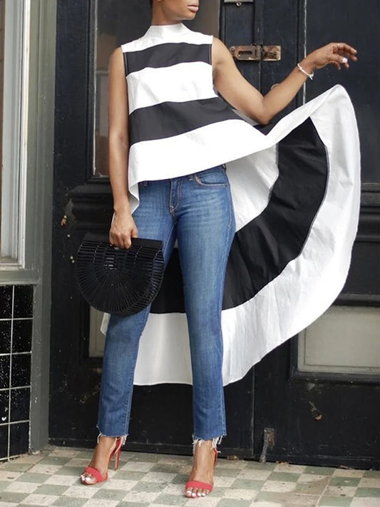 xakxx High-Low Loose Striped High-Neck Vest Top