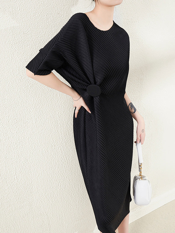 xakxx Stylish Irregularity Loose Pleated Solid Color Round-Neck Midi Dresses