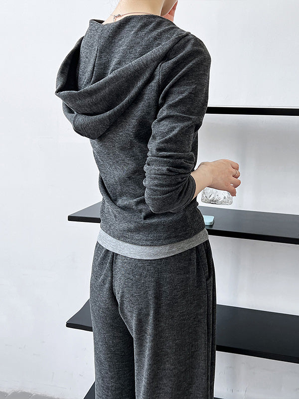 xakxx Long Sleeves Buttoned Hooded  T-Shirts Top + Vest Top + Wide Leg Drawstring Elasticity Pants Bottom Three Pieces Set