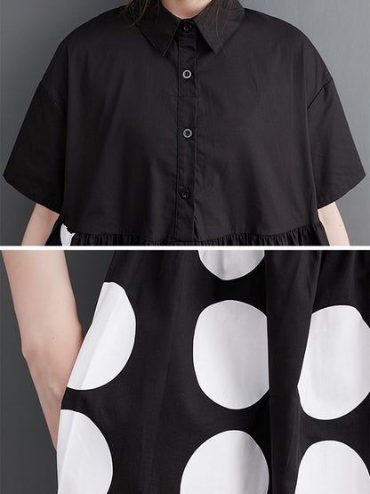 xakxx A-Line Loose Buttoned Pockets Polka Dot Printed Lapel Midi Dresses