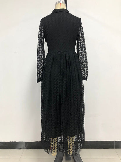 xakxx High Waisted Long Sleeves Buttoned Gauze See-Through Solid Color V-Neck Maxi Dresses
