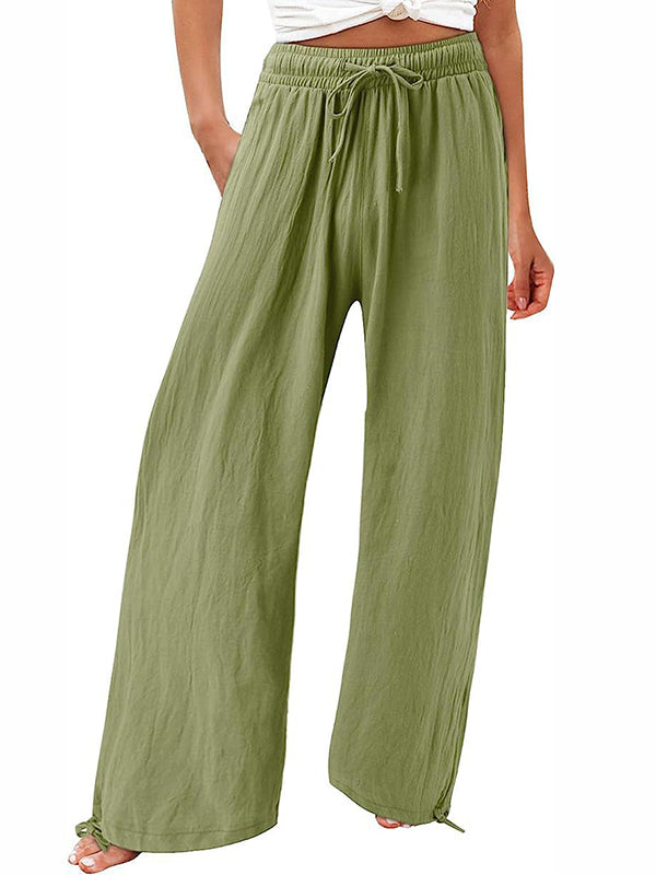 xakxx Loose Wide Leg Drawstring Elasticity Solid Color Pants Trousers