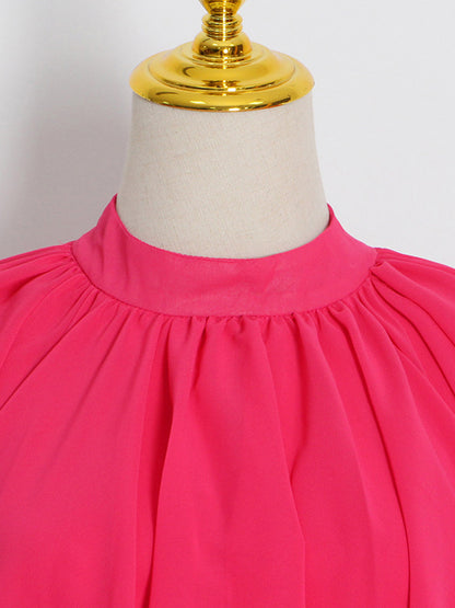 xakxx Loose Raglan Sleeve Solid Color Tiered Stand Collar Maxi Dresses