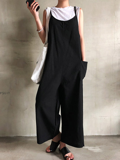 xakxx Black&Khaki Casual Spaghetti-Neck Loose Wide-Leg Overalls