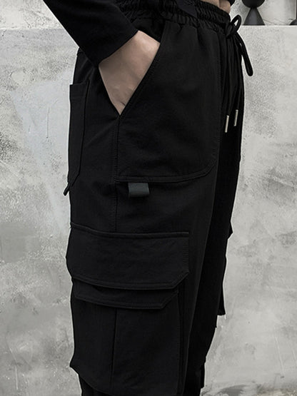xakxx Stylish Drawstring Punk Empire Black Casual Overalls Pants