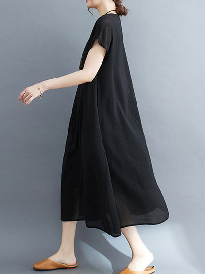 xakxx Loose Short Sleeves Solid Color Split-Joint Round-Neck Midi Dresses