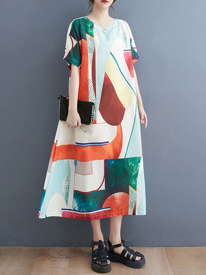xakxx Casual Short Sleeves Loose Contrast Color Round-Neck Midi Dresses
