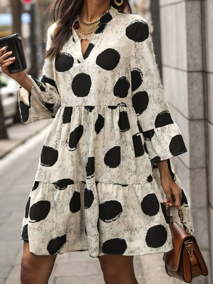 xakxx A-Line Flared Sleeves Pleated Polka-Dot Split-Joint V-Neck Mini Dresses