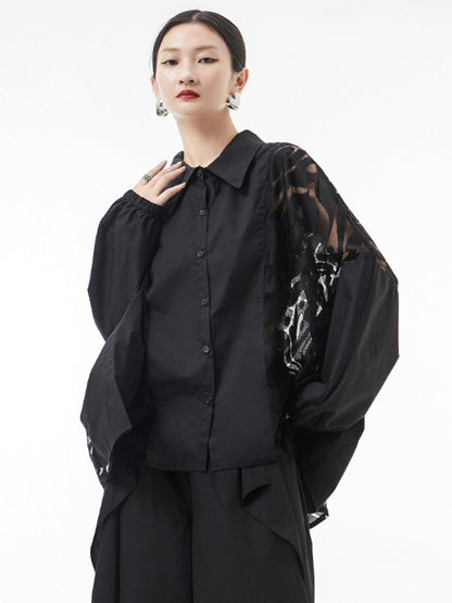 xakxx Urban See-Through Lace Split-Joint Lapel Blouse