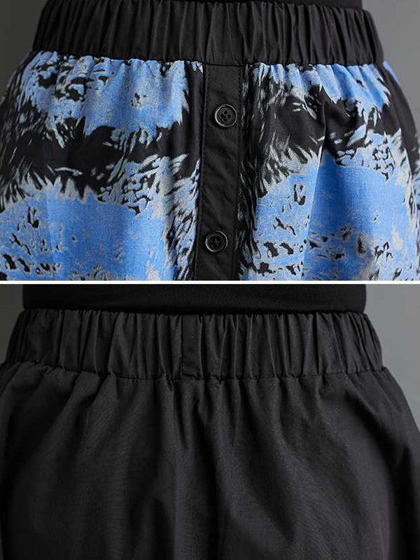 xakxx A-Line Loose Contrast Color Elasticity Printed Split-Joint Skirts
