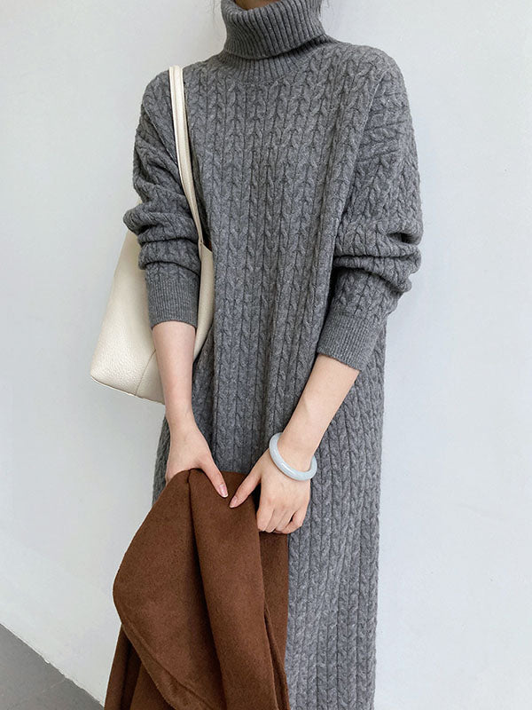 xakxx Stylish Loose Long Sleeves Solid Color High-Neck Twist Sweater Dresses