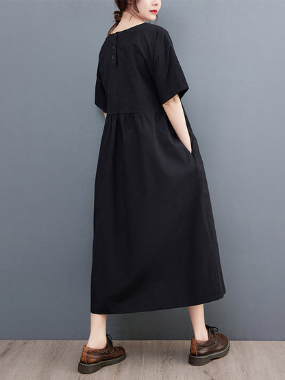 xakxx Casual Half Sleeves Loose Solid Color Round-Neck Midi Dresses