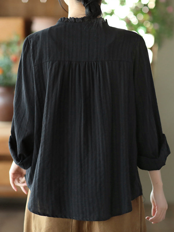 xakxx Long Sleeves Loose Embroidered Round-Neck Blouses&Shirts Tops