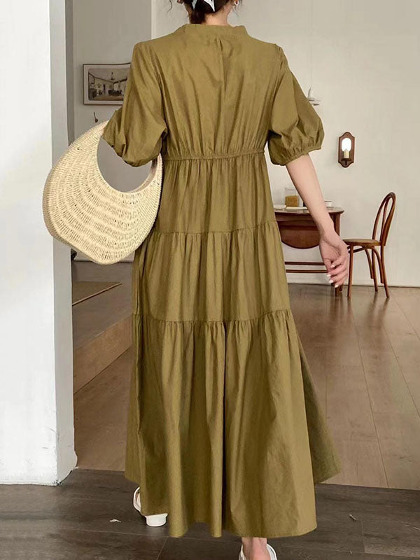 xakxx Bishop Sleeve Loose Embroidered Pleated V-Neck Midi Dresses
