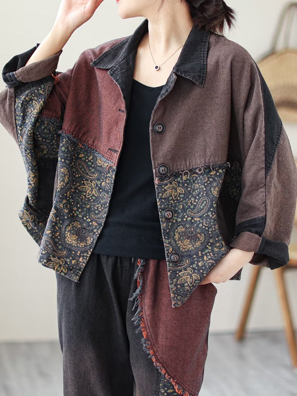 xakxx Contrast Color Fringed Split-Joint Long Sleeves Printed Outwear + Harem Pants  Two Pieces Set