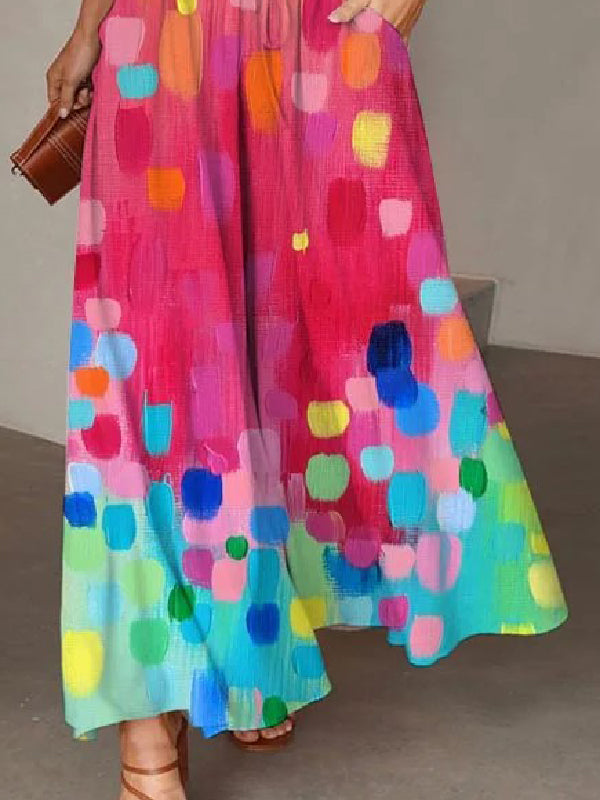 xakxx High Waisted Wide Leg Color-Block Printed Casual Pants Bottoms