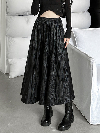xakxx A-Line High Waisted Elasticity Pleated Solid Color Skirts Bottoms