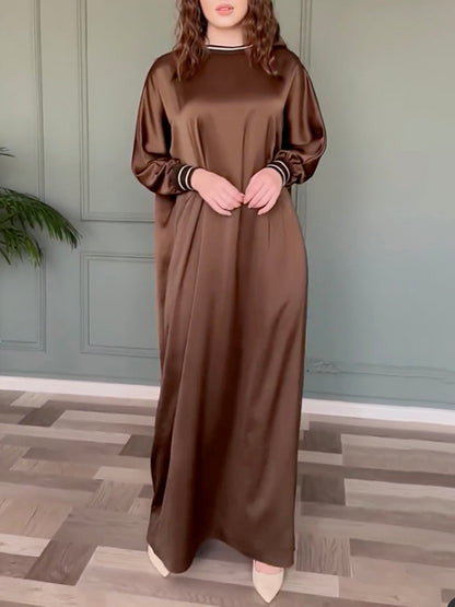 xakxx Loose Solid Color Buttoned Raglan Sleeve Round-Neck Maxi Dresses