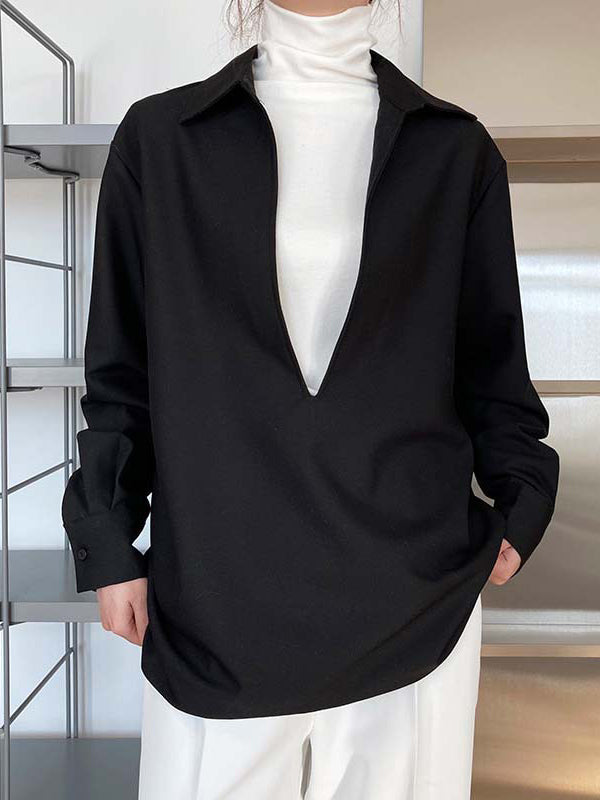 xakxx Long Sleeves Loose Solid Color Lapel Blouses