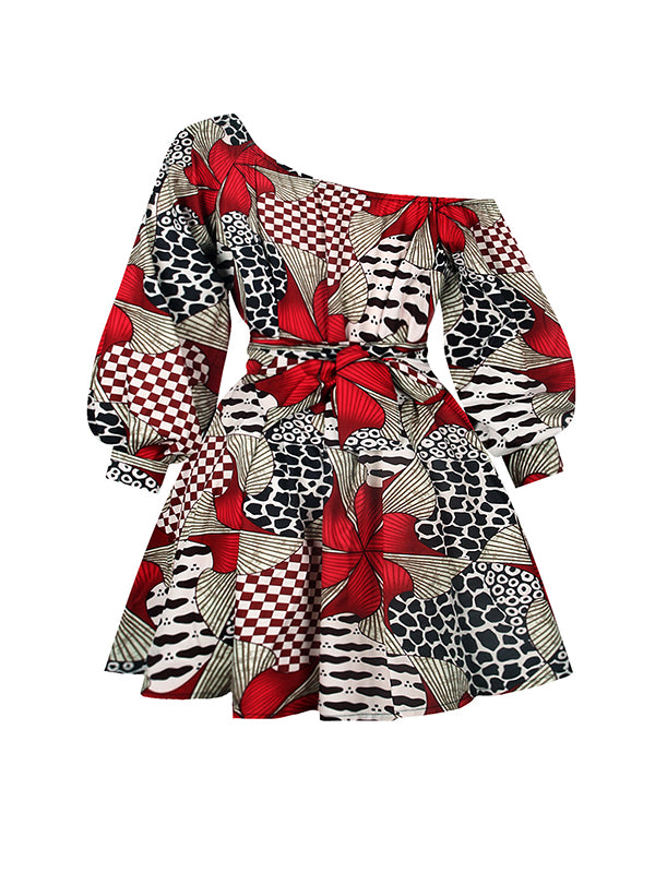 xakxx High Waisted Loose Elasticity Flower Print Tied Waist One-Shoulder Mini Dresses