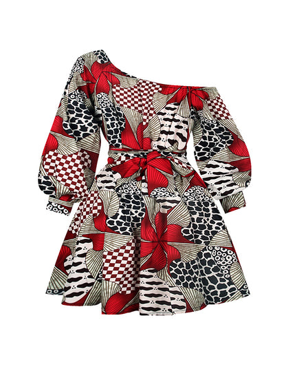 xakxx High Waisted Loose Elasticity Flower Print Tied Waist One-Shoulder Mini Dresses