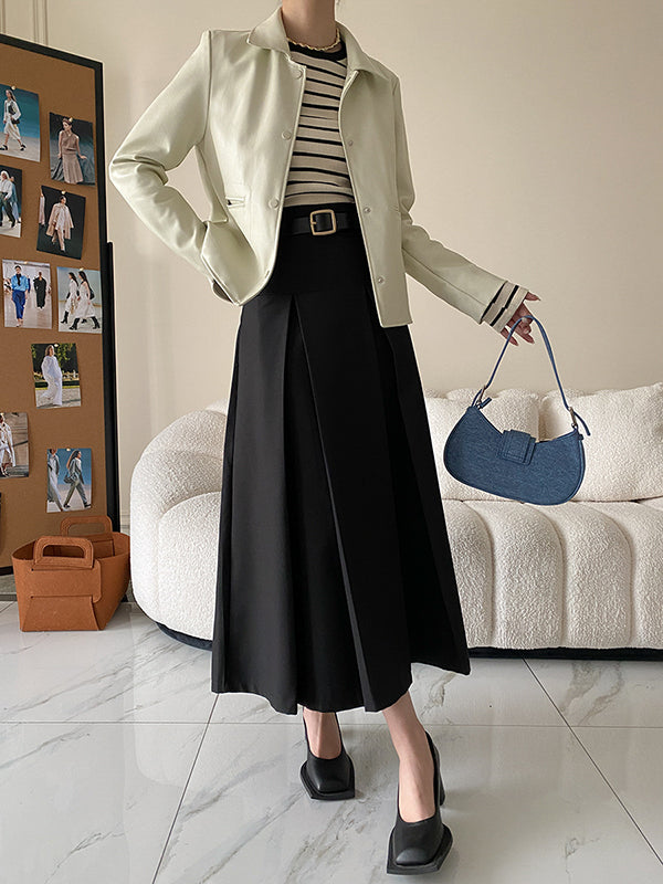 xakxx A-Line High Waisted Pleated Solid Color Split-Joint Skirts Bottoms