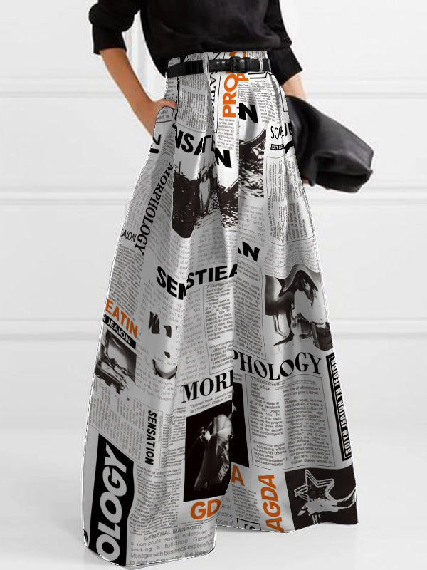 xakxx High Waisted Loose Newspaper Print Pleated Pants Trousers