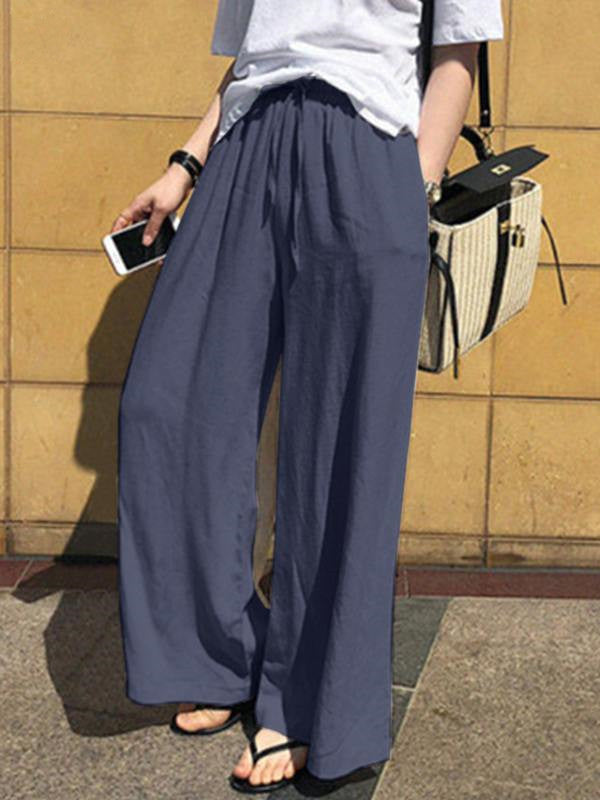 xakxx High Waisted Loose Drawstring Pockets Solid Color Pants Trousers