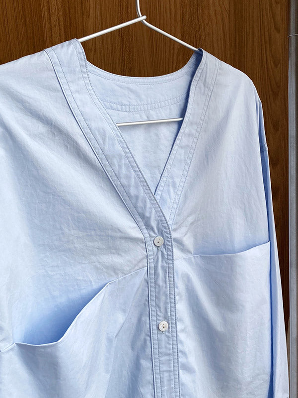 xakxx Loose Simple V-Neck Pocket Blouses