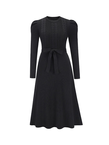 xakxx High Waisted Long Sleeves Solid Color Tied Waist Round-Neck Midi Dresses Sweater Dresses