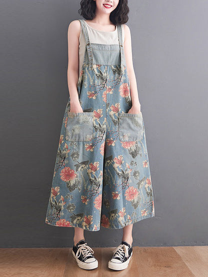 xakxx Oversize Wide Leg Floral Printed Split-Joint Overalls